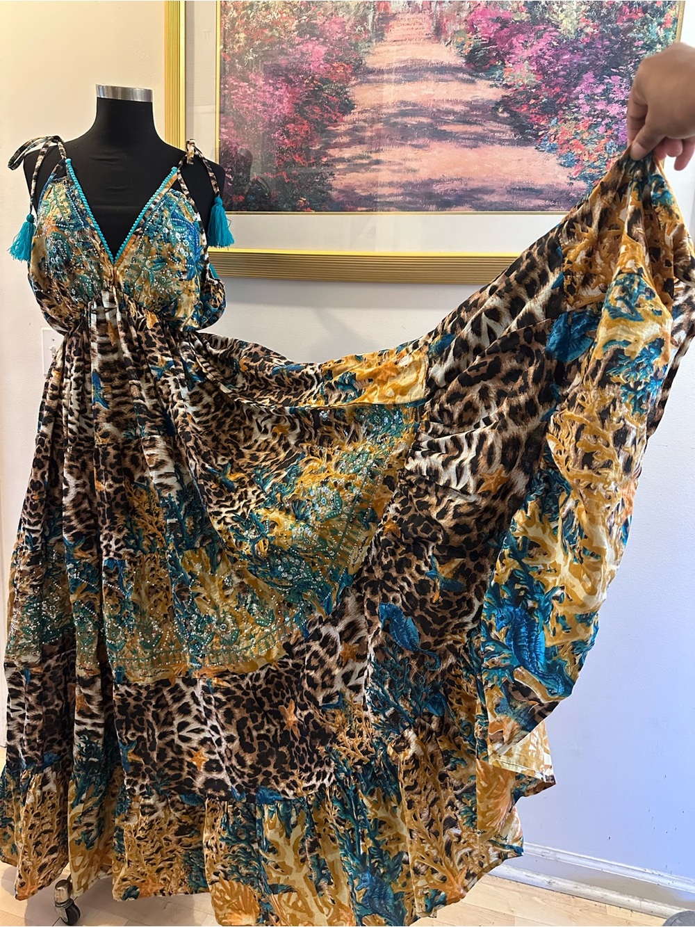 NWT ANTICA SARTORIA Maxi Dress Turquoise & Gold Leopard Print OS Large
